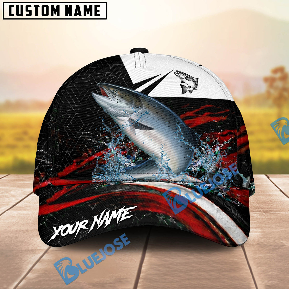 BlueJose Fishing Black Red Abstract Stripe Personalized Name Classic 3D Cap (13 Breeds)
