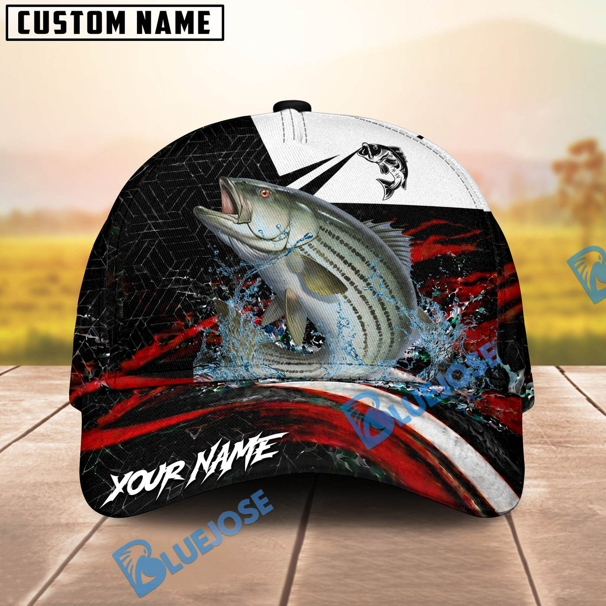 BlueJose Fishing Black Red Abstract Stripe Personalized Name Classic 3D Cap (13 Breeds)