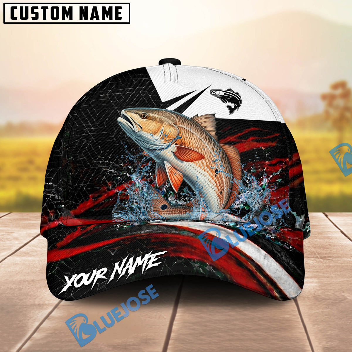 BlueJose Fishing Black Red Abstract Stripe Personalized Name Classic 3D Cap (13 Breeds)