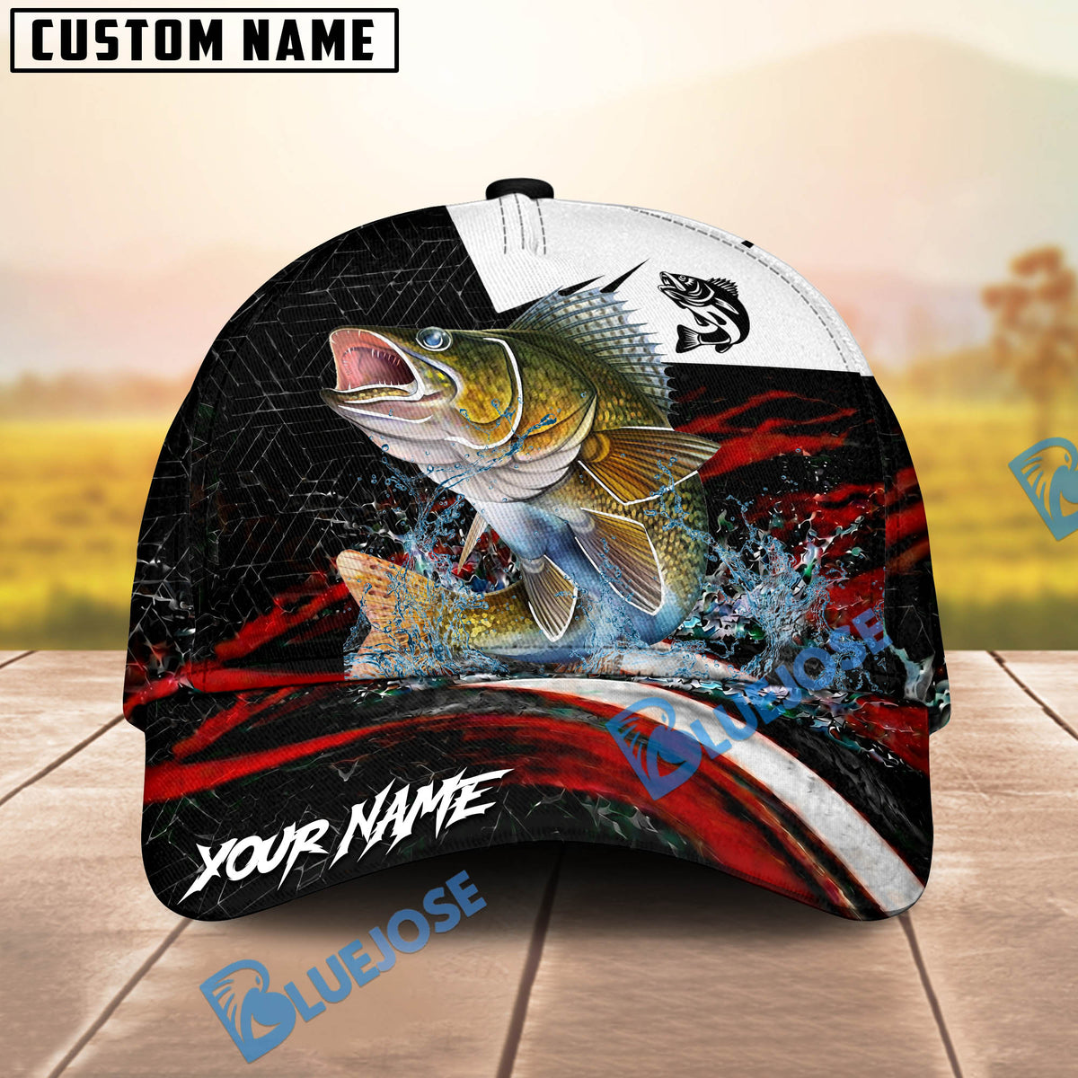 BlueJose Fishing Black Red Abstract Stripe Personalized Name Classic 3D Cap (13 Breeds)