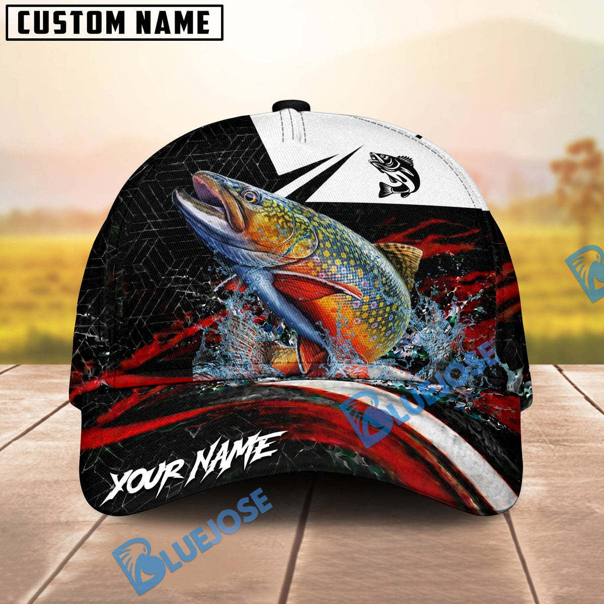 BlueJose Fishing Black Red Abstract Stripe Personalized Name Classic 3D Cap (13 Breeds)