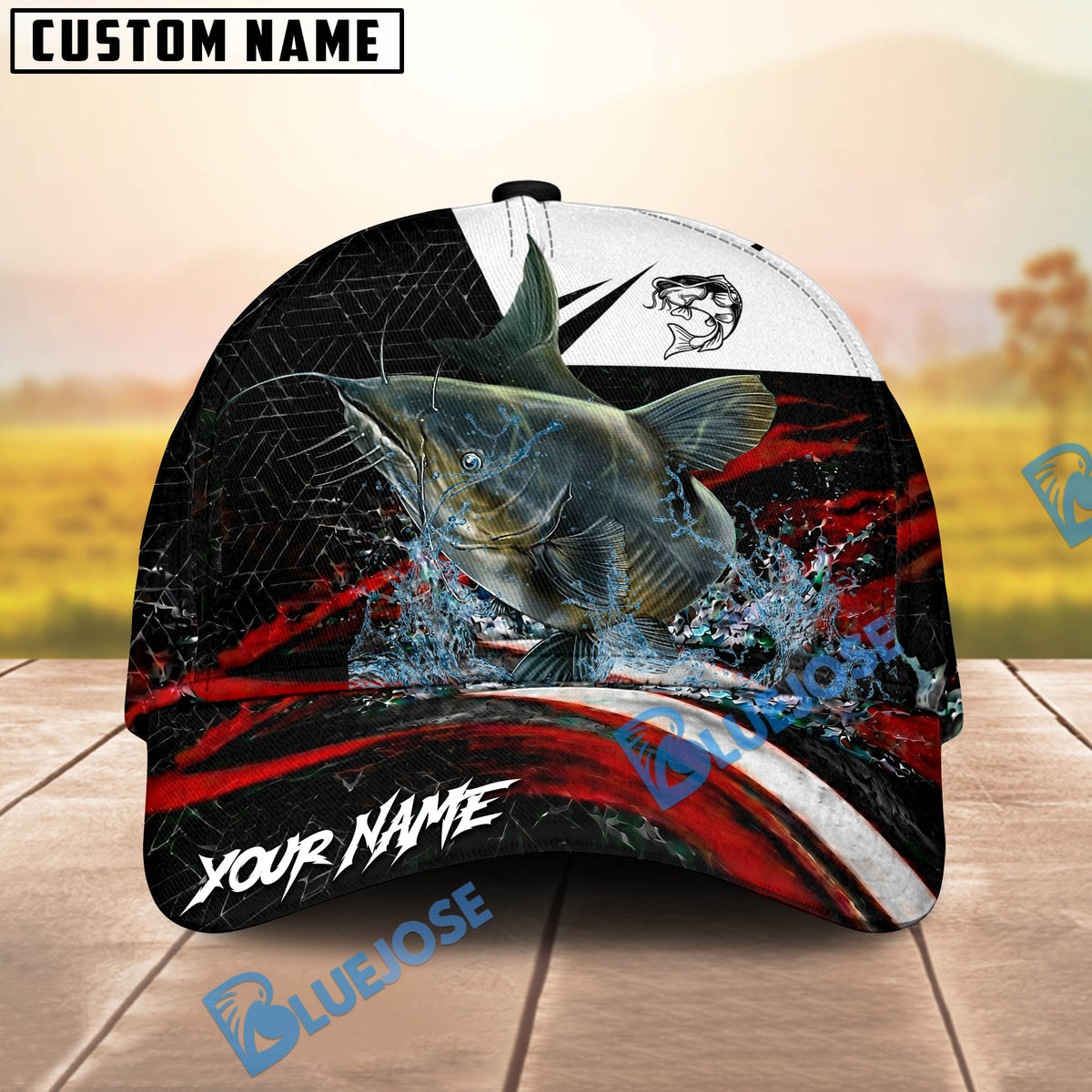 BlueJose Fishing Black Red Abstract Stripe Personalized Name Classic 3D Cap (13 Breeds)