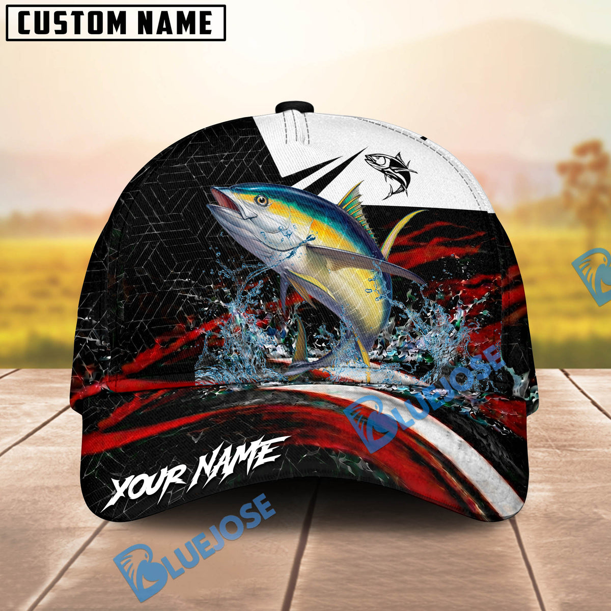 BlueJose Fishing Black Red Abstract Stripe Personalized Name Classic 3D Cap (13 Breeds)