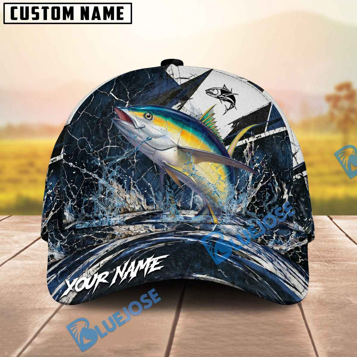 BlueJose Fishing Black White Crack Texture Splash Personalized Name Classic 3D Cap (13 Breeds)