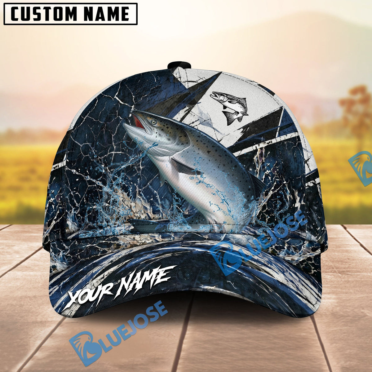BlueJose Fishing Black White Crack Texture Splash Personalized Name Classic 3D Cap (13 Breeds)