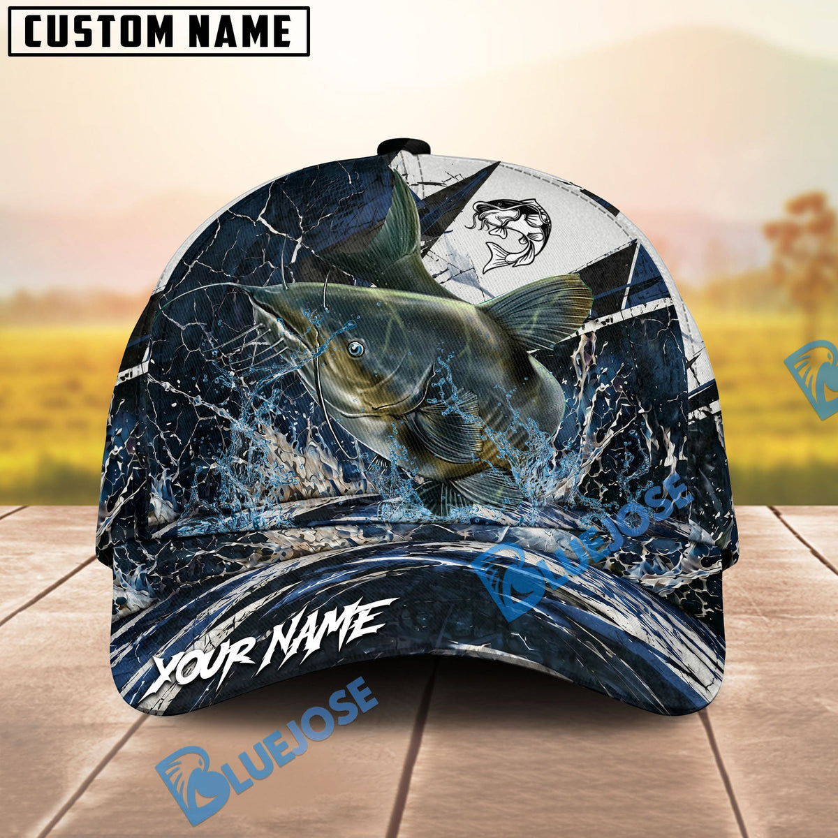BlueJose Fishing Black White Crack Texture Splash Personalized Name Classic 3D Cap (13 Breeds)