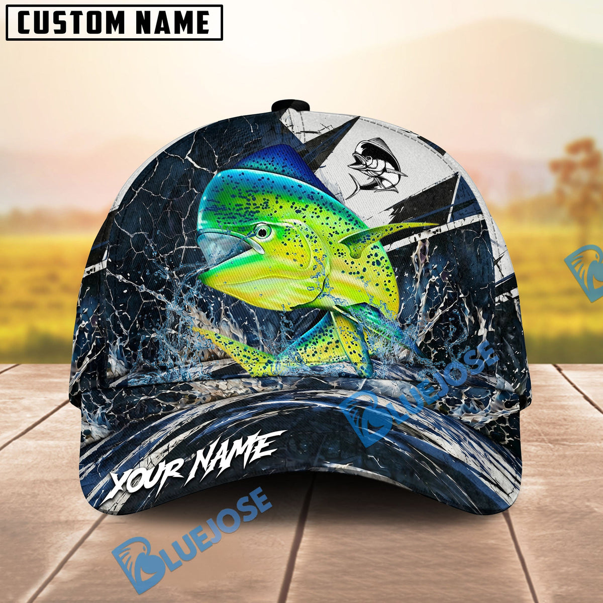 BlueJose Fishing Black White Crack Texture Splash Personalized Name Classic 3D Cap (13 Breeds)
