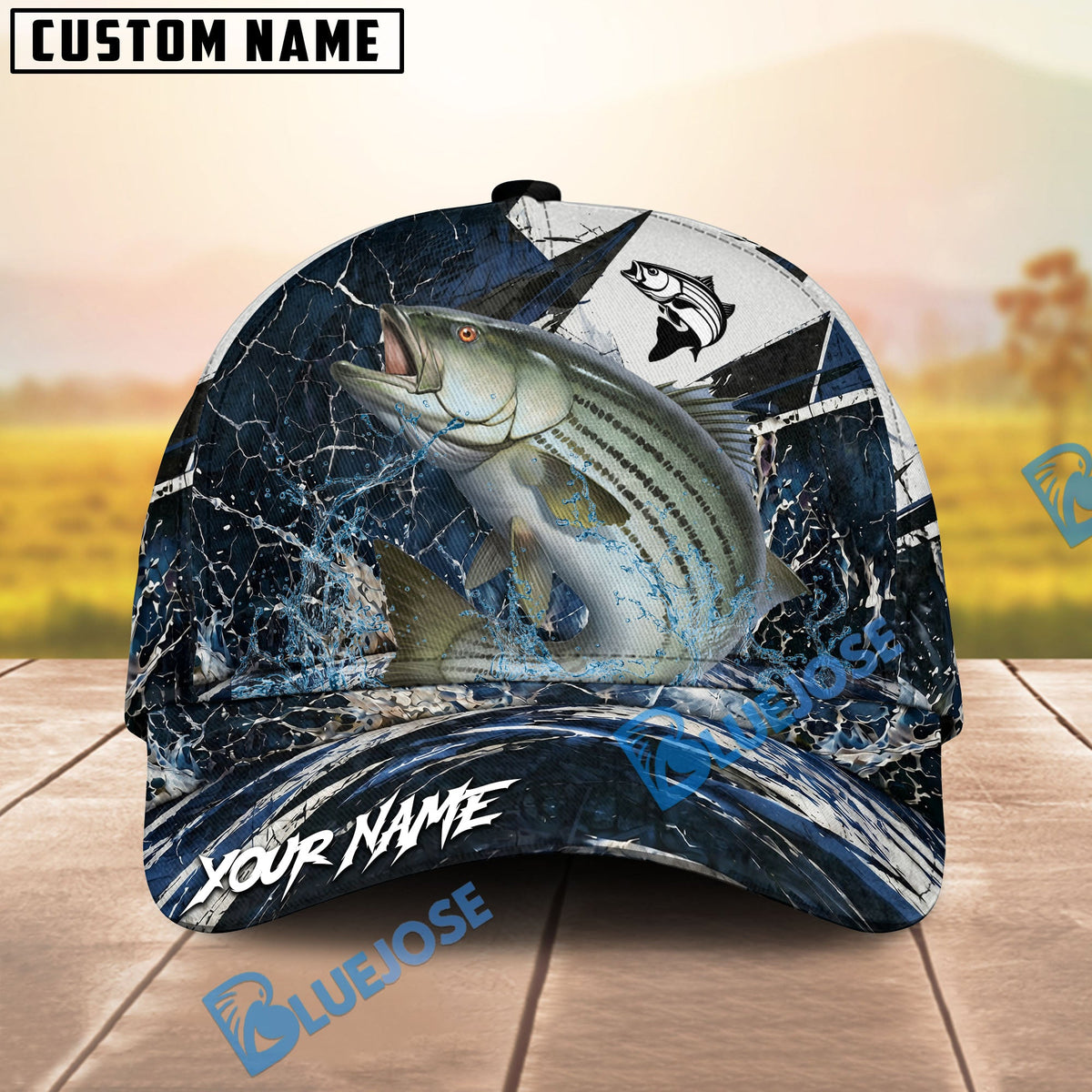 BlueJose Fishing Black White Crack Texture Splash Personalized Name Classic 3D Cap (13 Breeds)