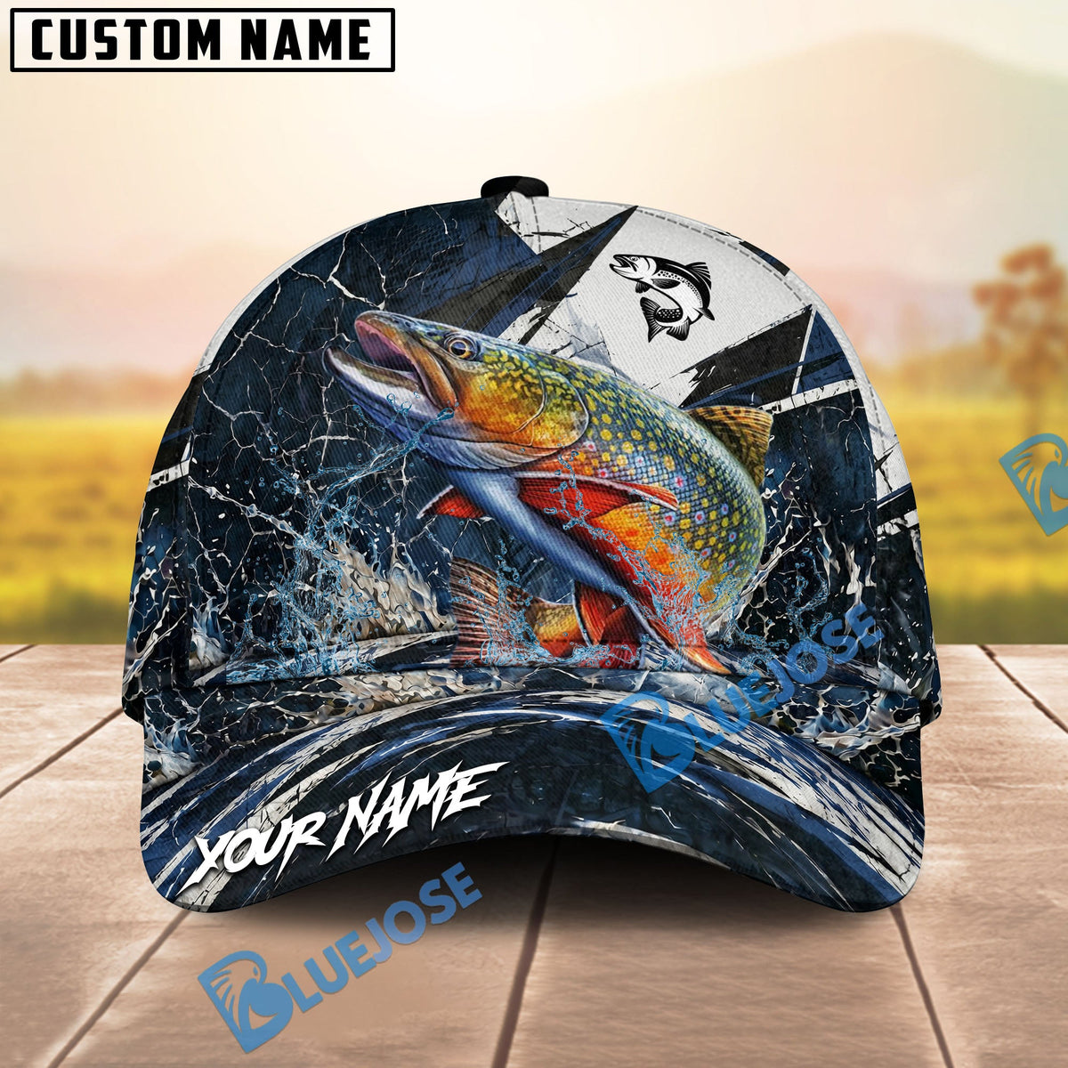 BlueJose Fishing Black White Crack Texture Splash Personalized Name Classic 3D Cap (13 Breeds)