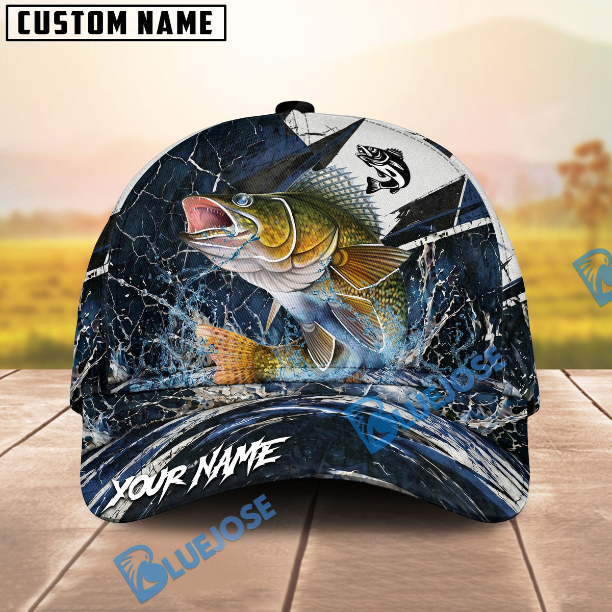 BlueJose Fishing Black White Crack Texture Splash Personalized Name Classic 3D Cap (13 Breeds)