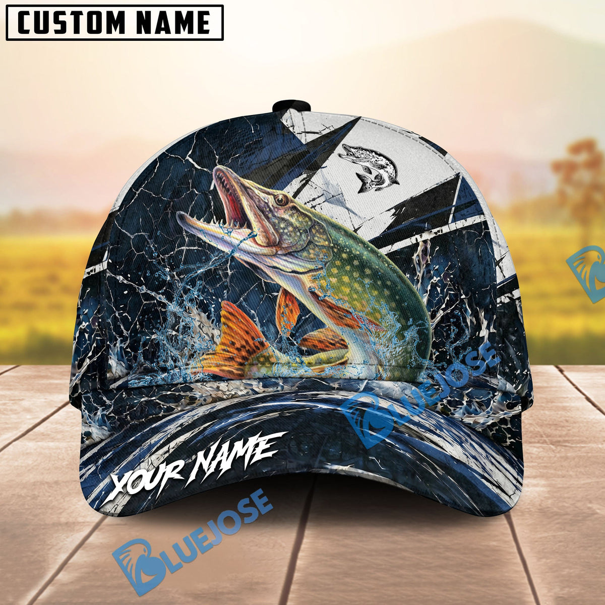 BlueJose Fishing Black White Crack Texture Splash Personalized Name Classic 3D Cap (13 Breeds)