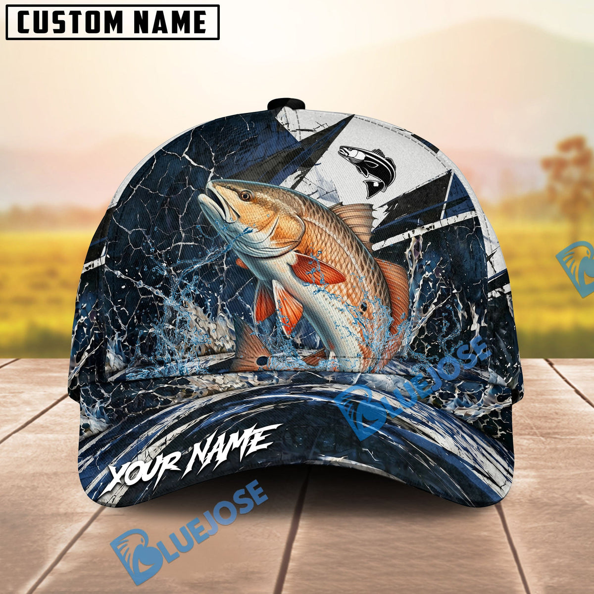 BlueJose Fishing Black White Crack Texture Splash Personalized Name Classic 3D Cap (13 Breeds)