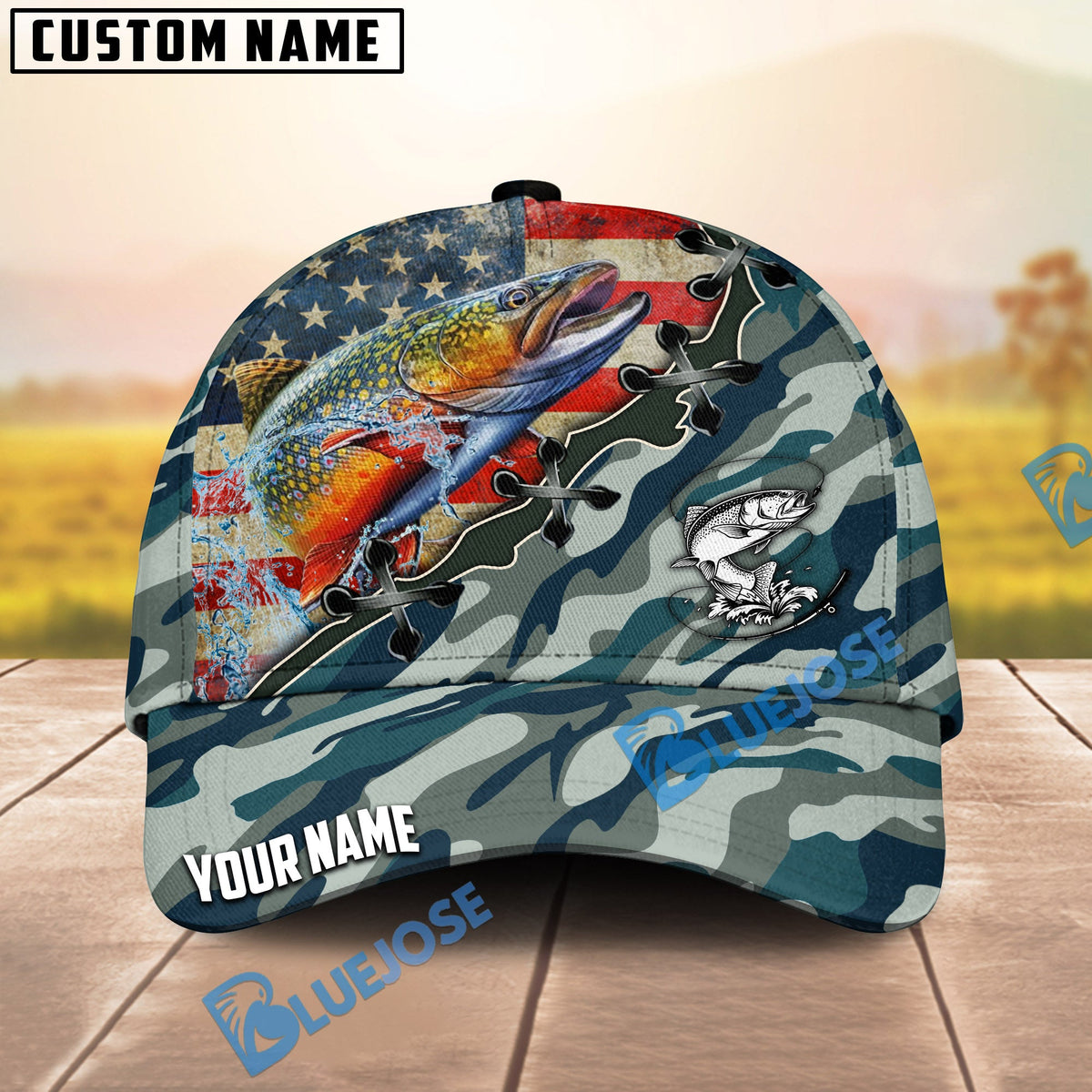 BlueJose Fishing American Flag Blue Camouflage Personalized Name Classic 3D Cap (13 Breeds)