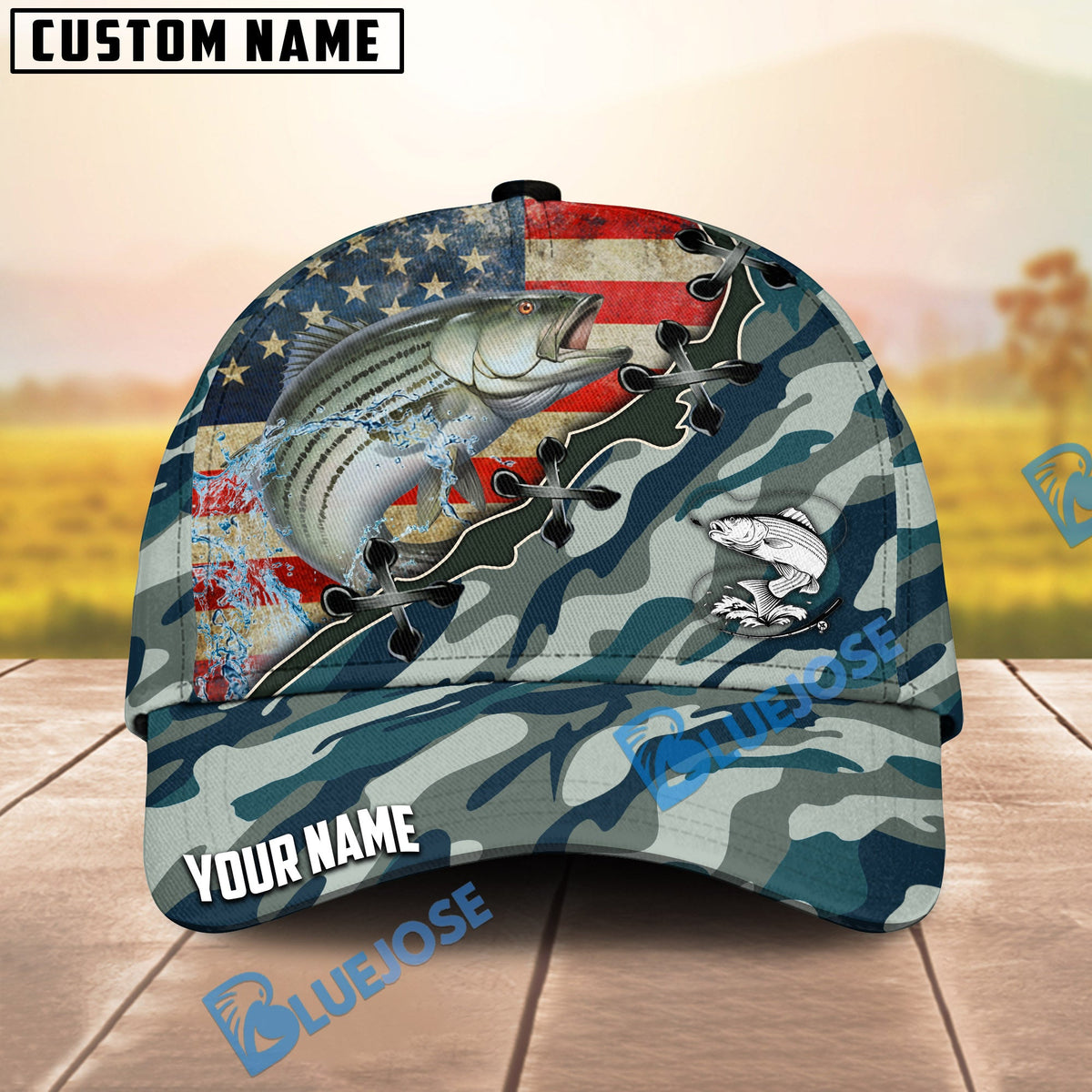 BlueJose Fishing American Flag Blue Camouflage Personalized Name Classic 3D Cap (13 Breeds)