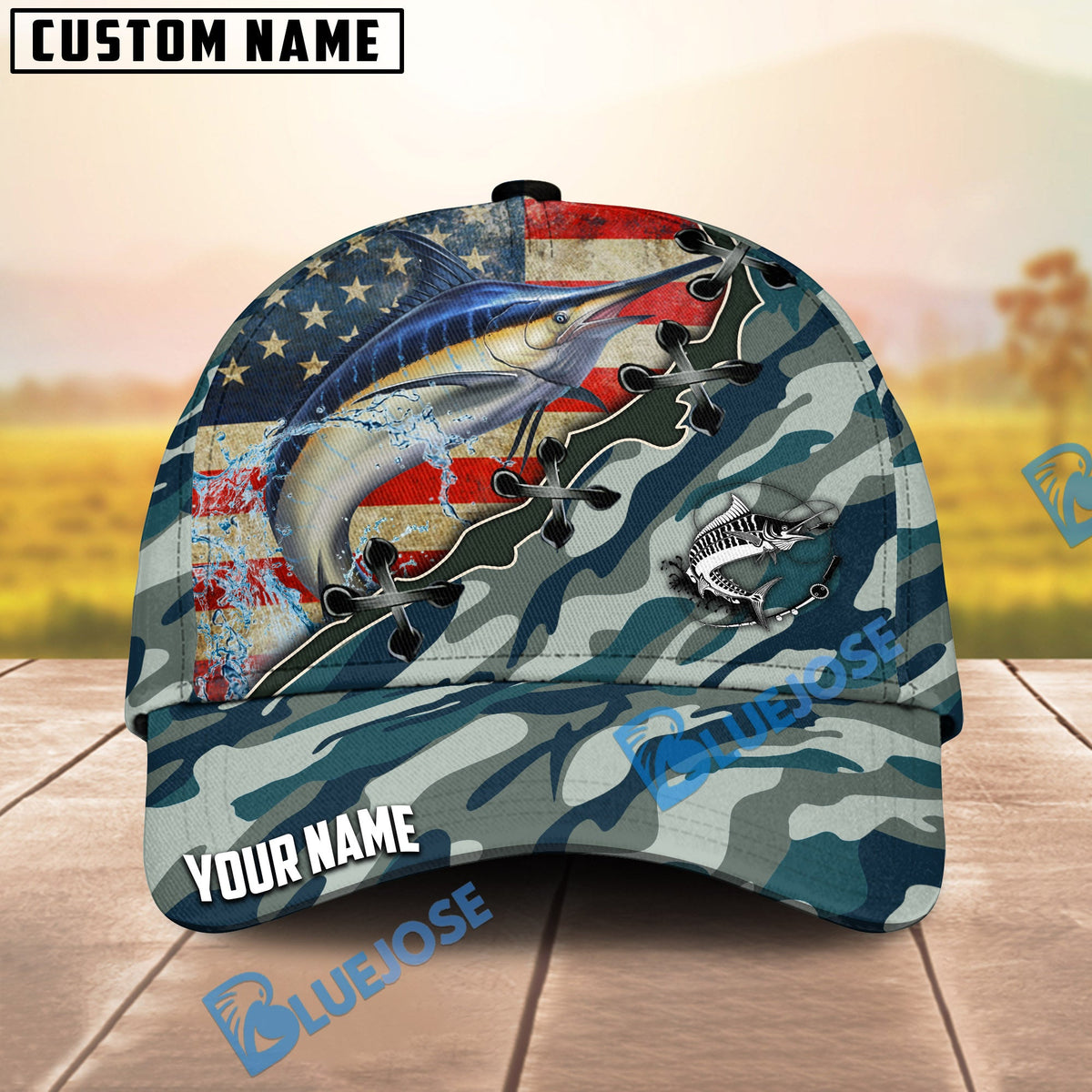 BlueJose Fishing American Flag Blue Camouflage Personalized Name Classic 3D Cap (13 Breeds)