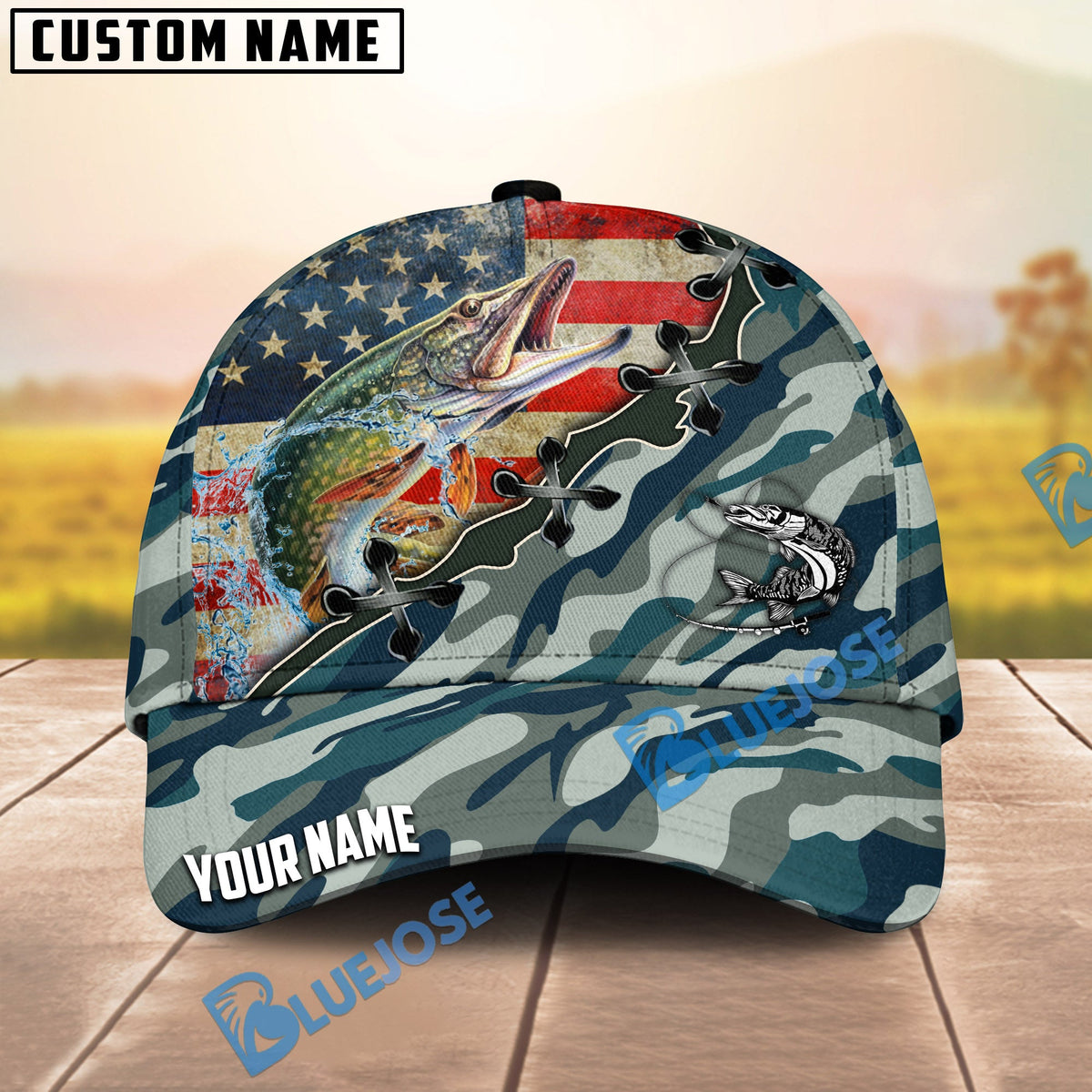 BlueJose Fishing American Flag Blue Camouflage Personalized Name Classic 3D Cap (13 Breeds)