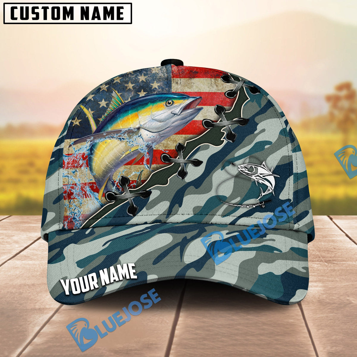 BlueJose Fishing American Flag Blue Camouflage Personalized Name Classic 3D Cap (13 Breeds)