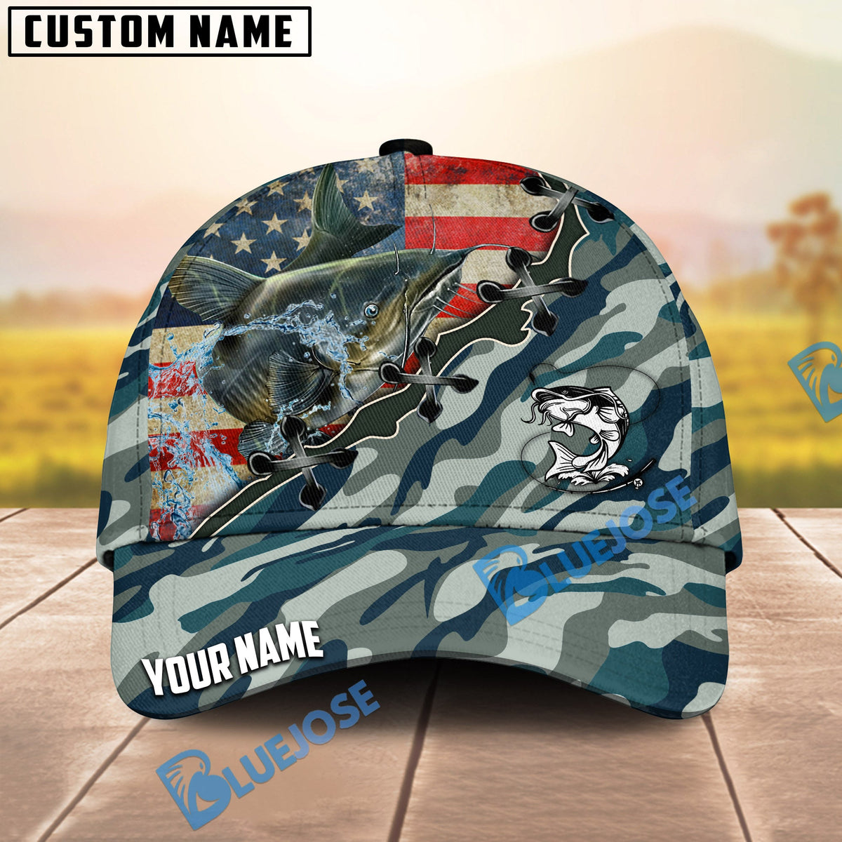 BlueJose Fishing American Flag Blue Camouflage Personalized Name Classic 3D Cap (13 Breeds)