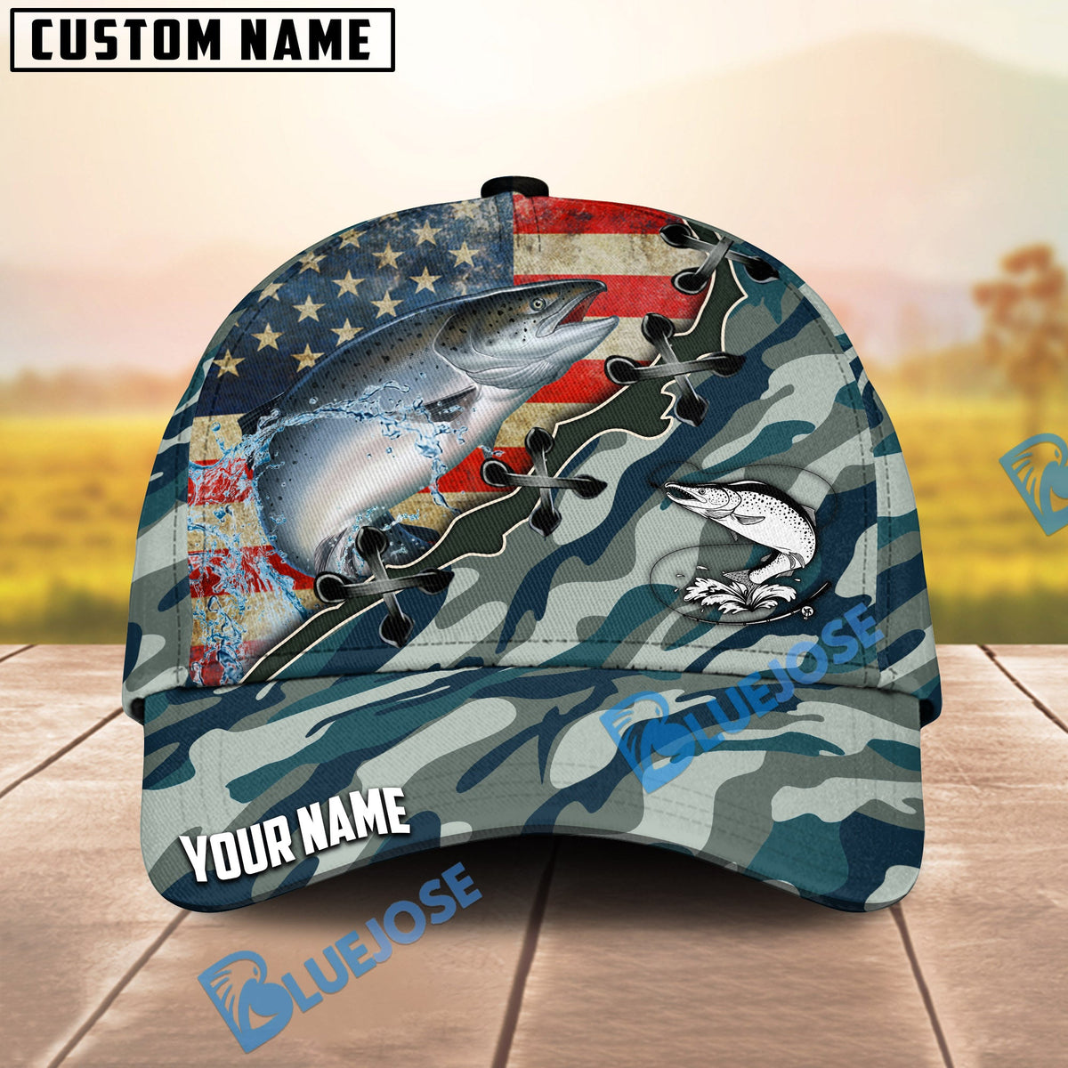 BlueJose Fishing American Flag Blue Camouflage Personalized Name Classic 3D Cap (13 Breeds)