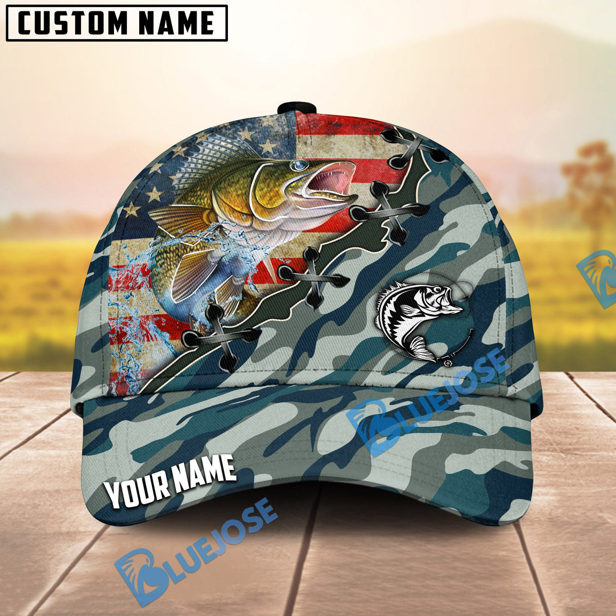 BlueJose Fishing American Flag Blue Camouflage Personalized Name Classic 3D Cap (13 Breeds)