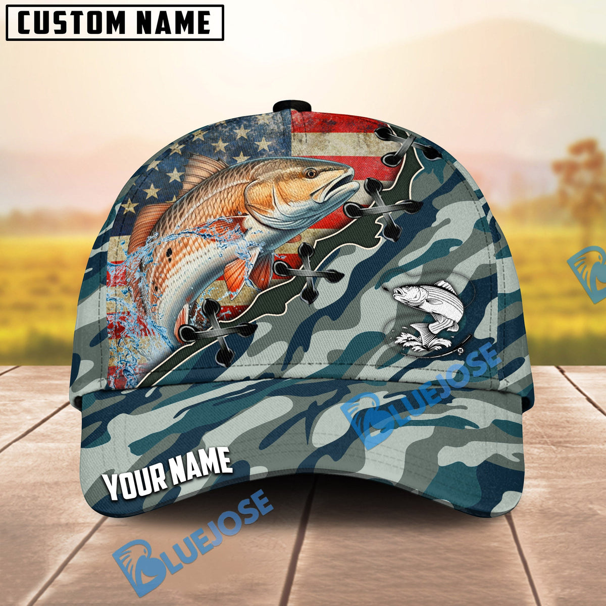 BlueJose Fishing American Flag Blue Camouflage Personalized Name Classic 3D Cap (13 Breeds)