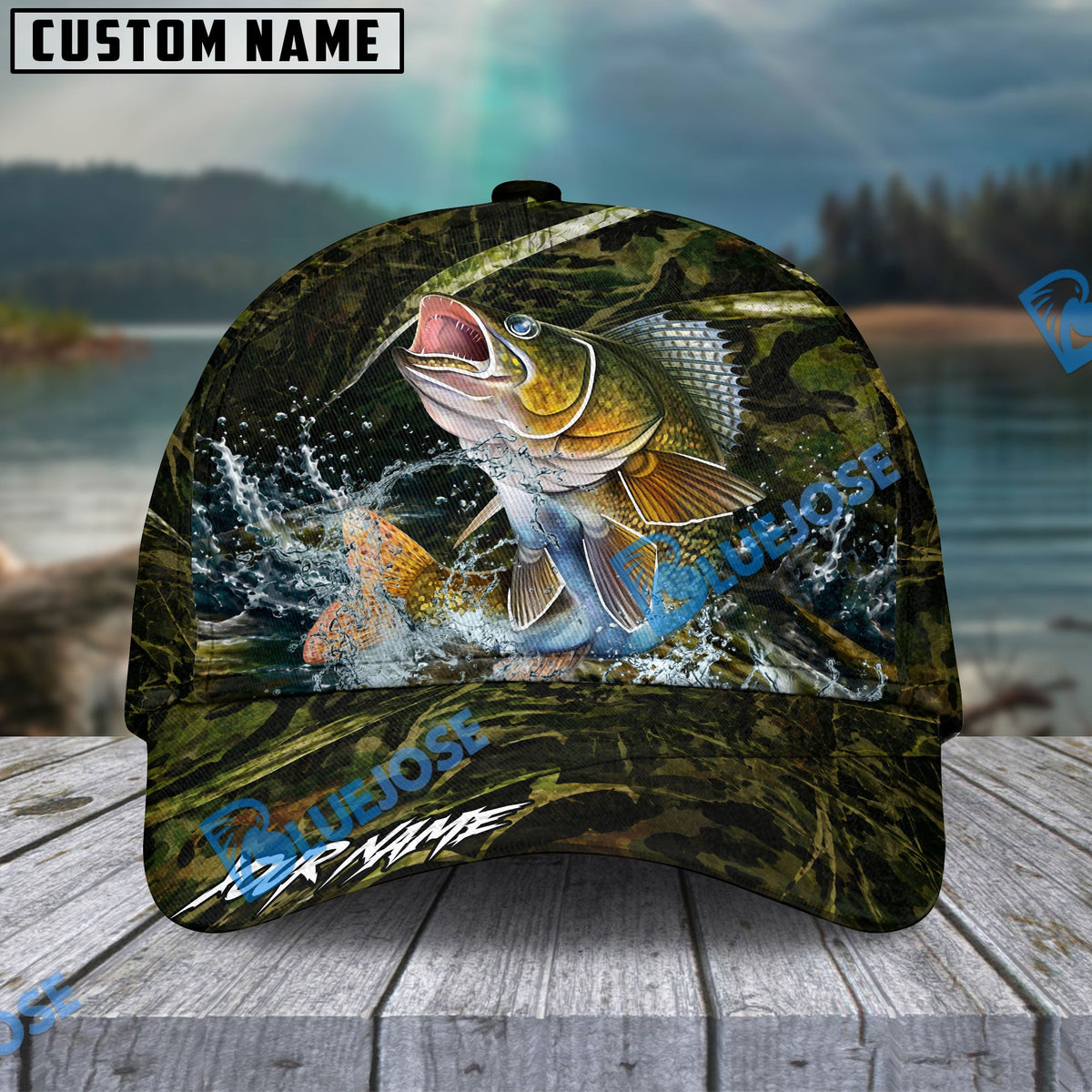 BlueJose Fishing Woodland Camouflage Water Splash Personalized Name Classic 3D Cap (13 Breeds)