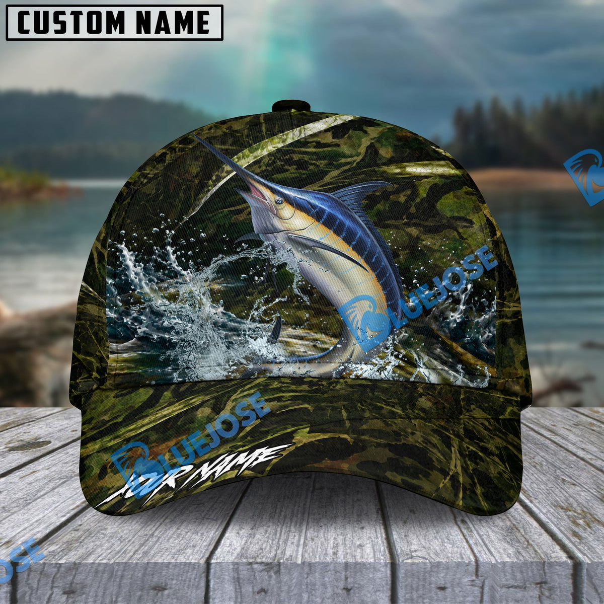 BlueJose Fishing Woodland Camouflage Water Splash Personalized Name Classic 3D Cap (13 Breeds)
