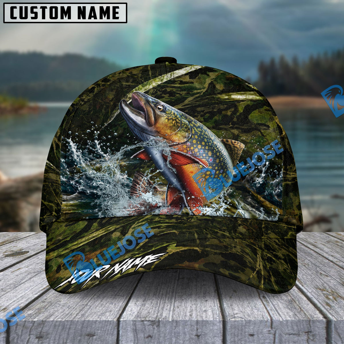BlueJose Fishing Woodland Camouflage Water Splash Personalized Name Classic 3D Cap (13 Breeds)