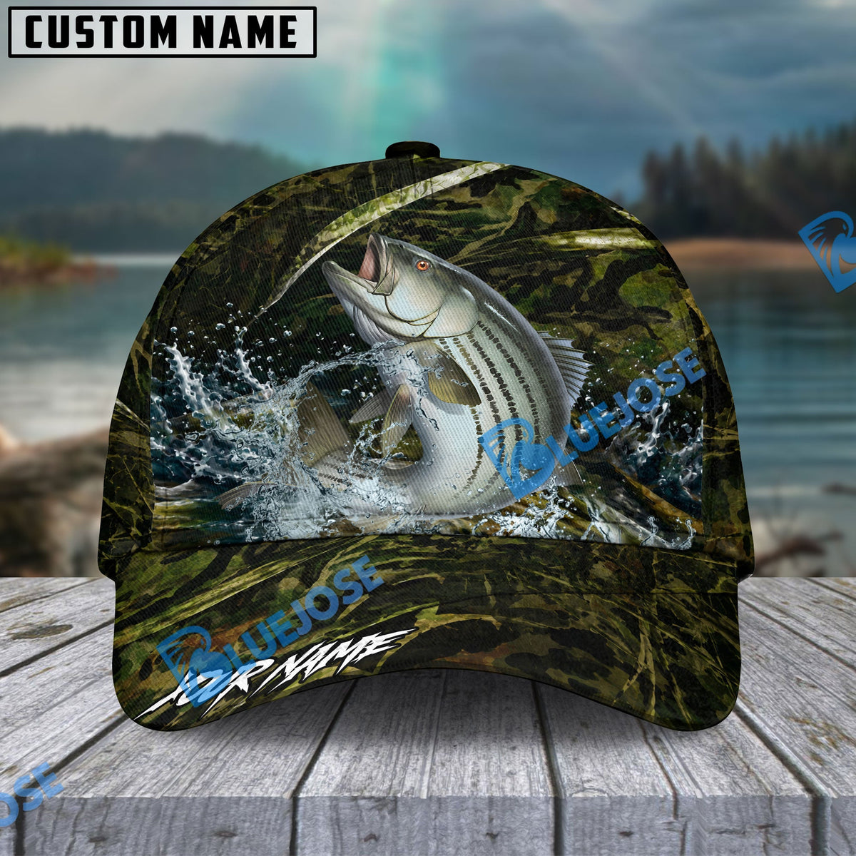BlueJose Fishing Woodland Camouflage Water Splash Personalized Name Classic 3D Cap (13 Breeds)
