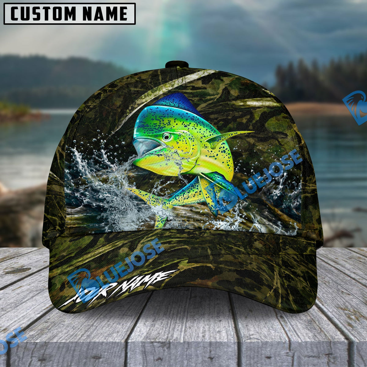BlueJose Fishing Woodland Camouflage Water Splash Personalized Name Classic 3D Cap (13 Breeds)