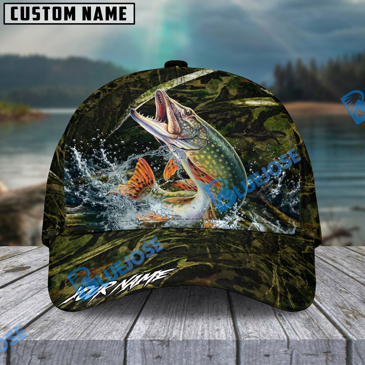 BlueJose Fishing Woodland Camouflage Water Splash Personalized Name Classic 3D Cap (13 Breeds)
