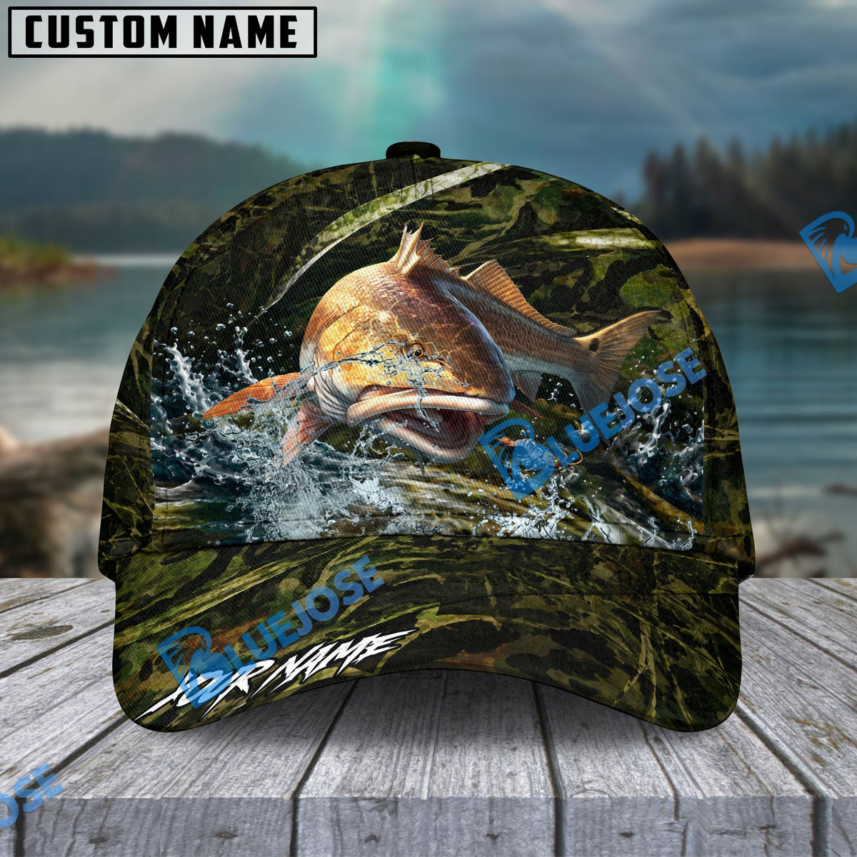 BlueJose Fishing Woodland Camouflage Water Splash Personalized Name Classic 3D Cap (13 Breeds)