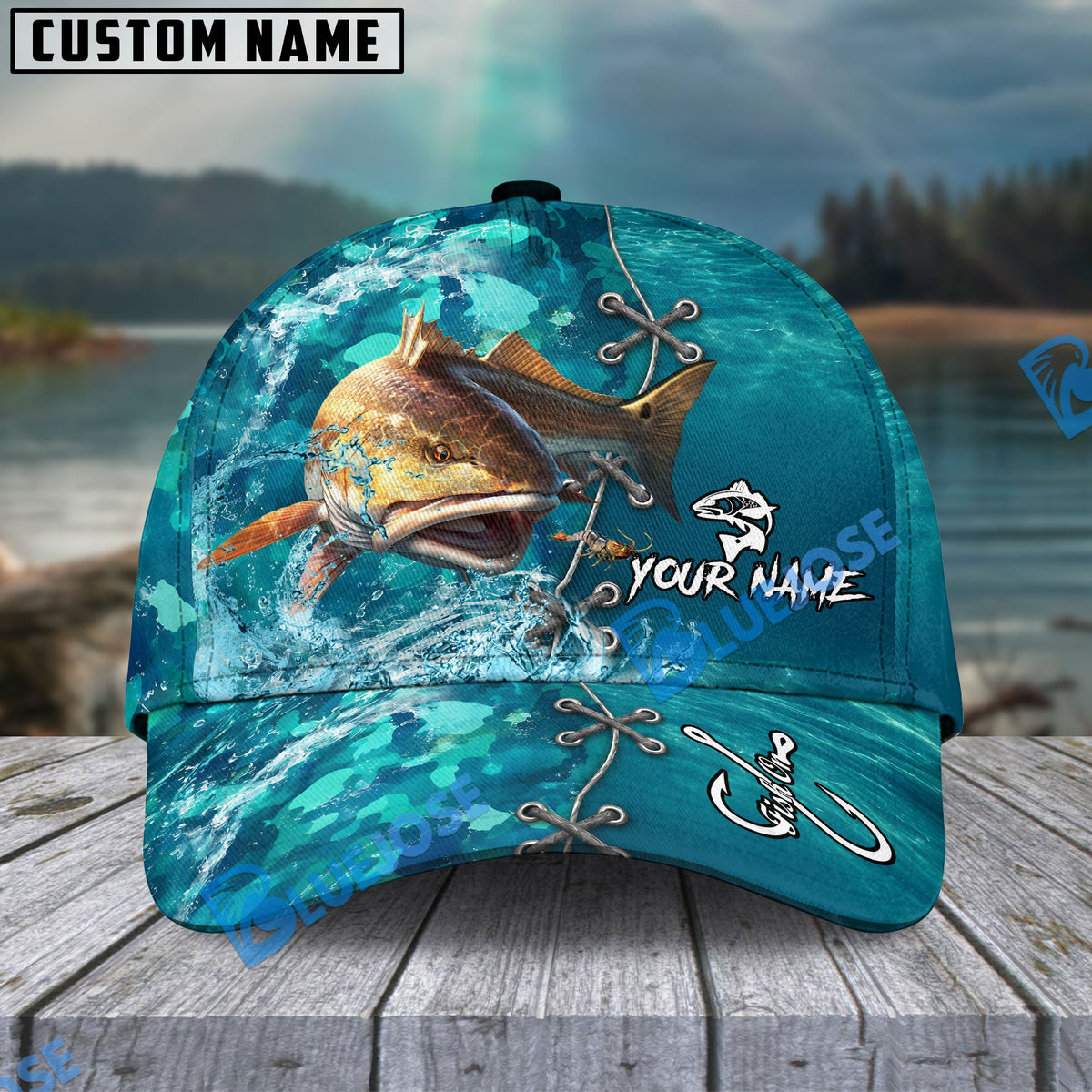 BlueJose Fishing Aqua Camouflage Lace Up Personalized Name Classic 3D Cap (13 Breeds)