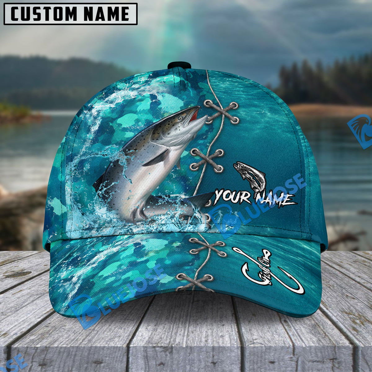 BlueJose Fishing Aqua Camouflage Lace Up Personalized Name Classic 3D Cap (13 Breeds)