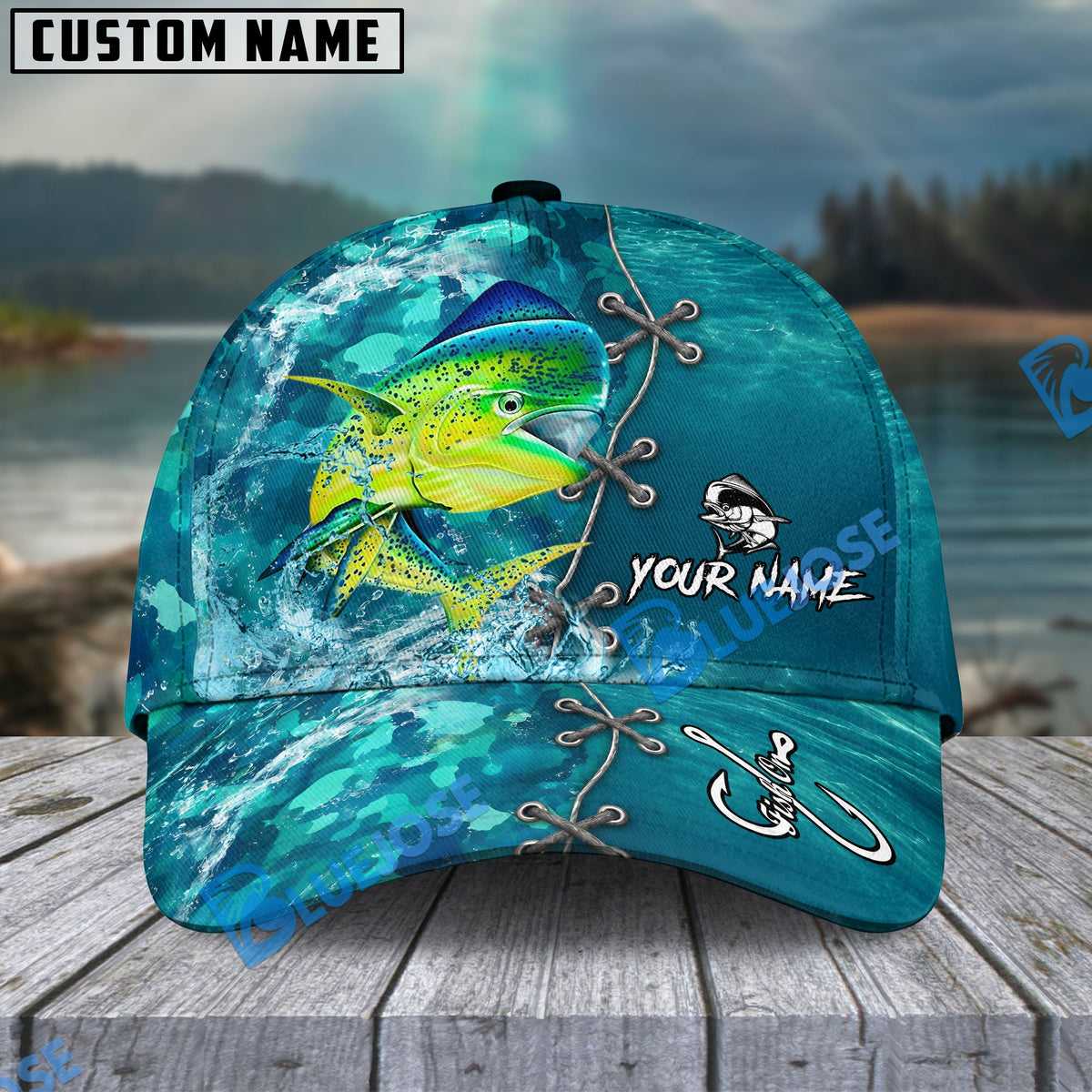 BlueJose Fishing Aqua Camouflage Lace Up Personalized Name Classic 3D Cap (13 Breeds)