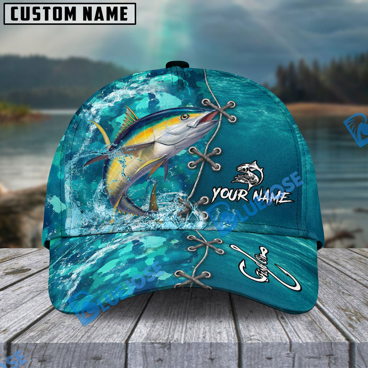 BlueJose Fishing Aqua Camouflage Lace Up Personalized Name Classic 3D Cap (13 Breeds)