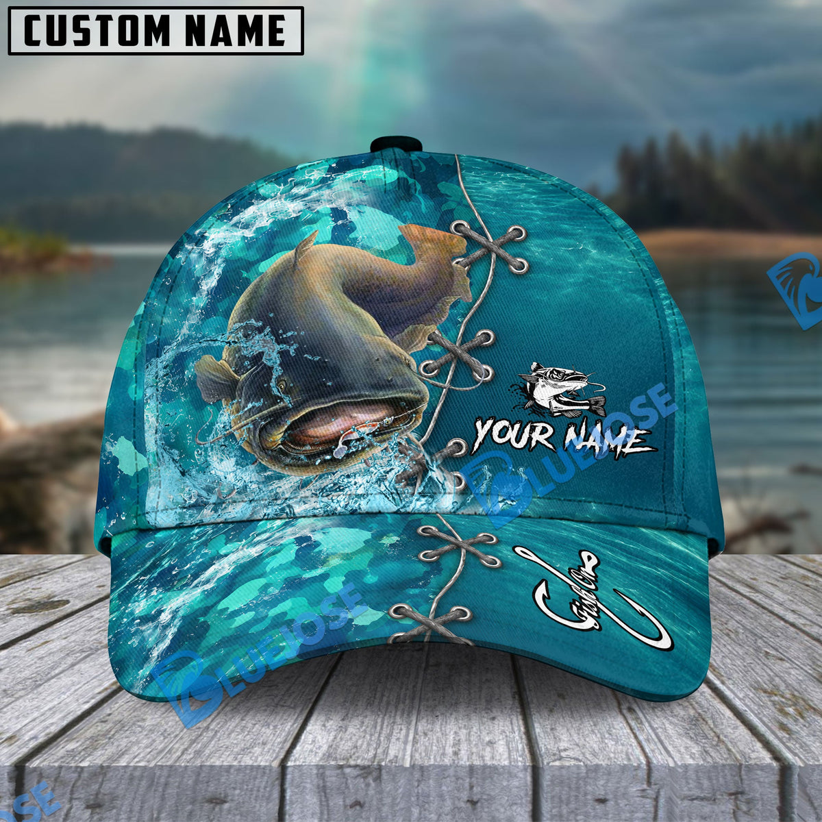BlueJose Fishing Aqua Camouflage Lace Up Personalized Name Classic 3D Cap (13 Breeds)