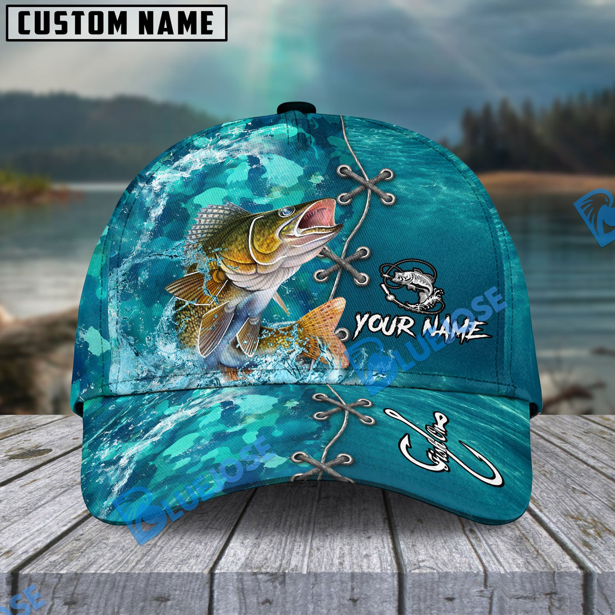 BlueJose Fishing Aqua Camouflage Lace Up Personalized Name Classic 3D Cap (13 Breeds)