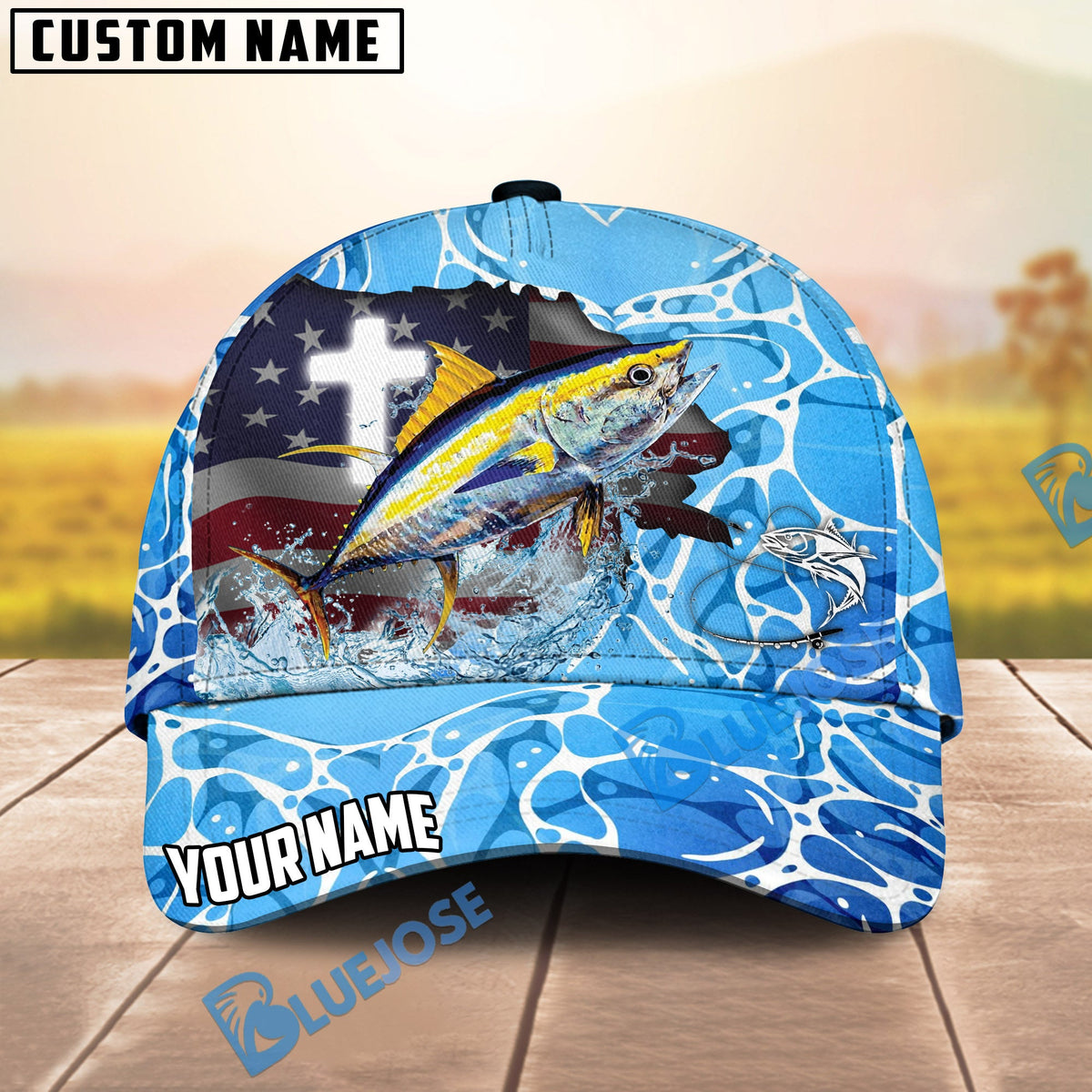 BlueJose Fishing Christian Cross Outdoorsman American Personalized Name Classic 3D Cap (13 Breeds)
