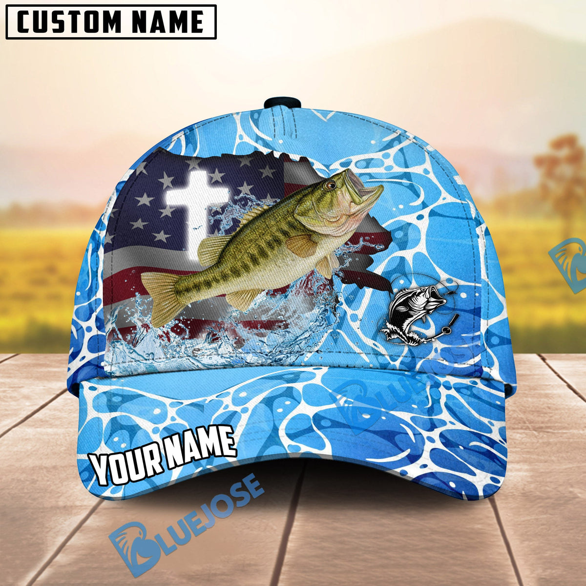 BlueJose Fishing Christian Cross Outdoorsman American Personalized Name Classic 3D Cap (13 Breeds)