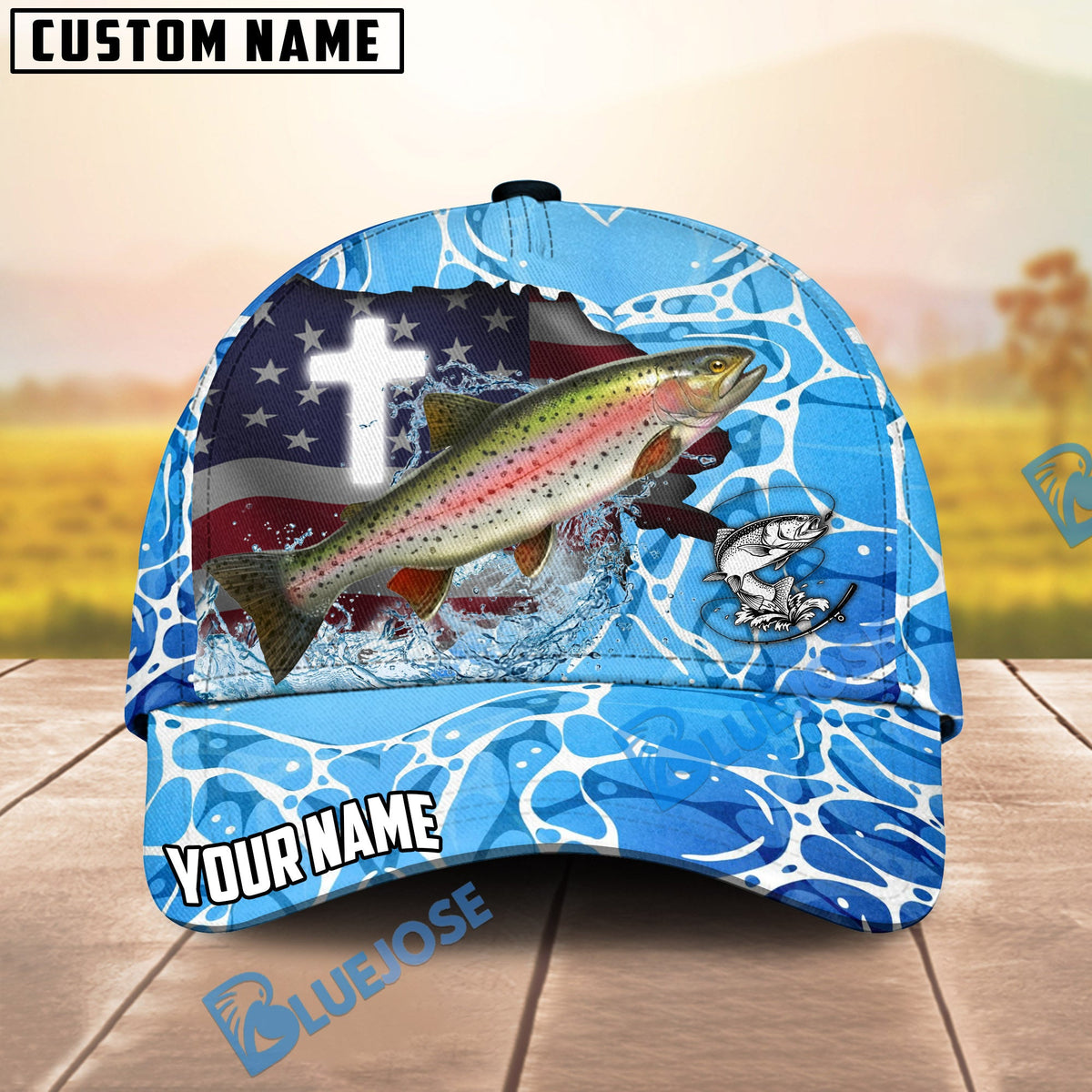BlueJose Fishing Christian Cross Outdoorsman American Personalized Name Classic 3D Cap (13 Breeds)