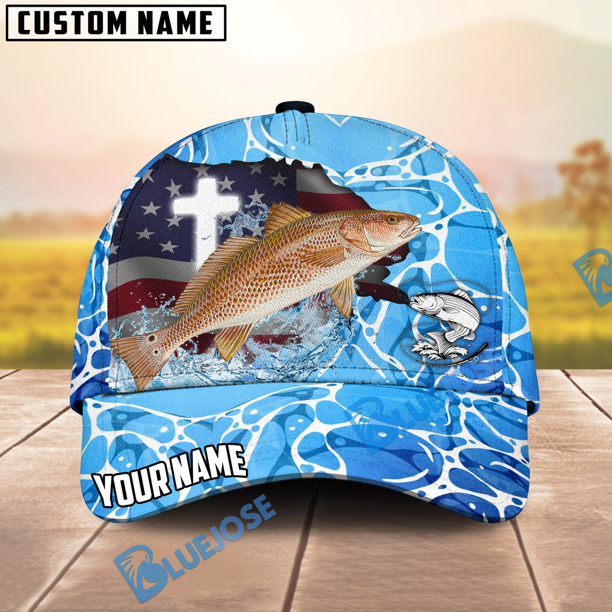 BlueJose Fishing Christian Cross Outdoorsman American Personalized Name Classic 3D Cap (13 Breeds)