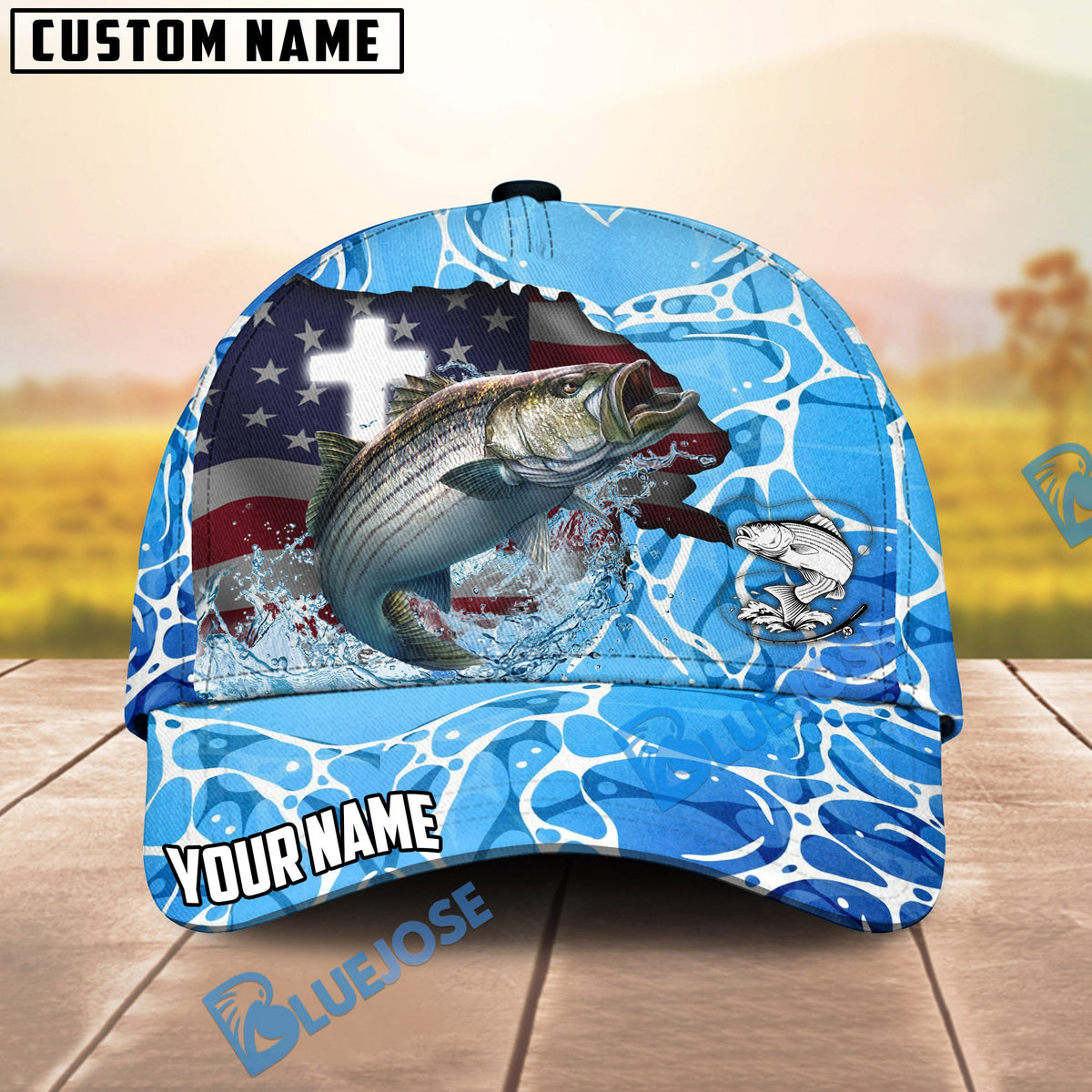 BlueJose Fishing Christian Cross Outdoorsman American Personalized Name Classic 3D Cap (13 Breeds)