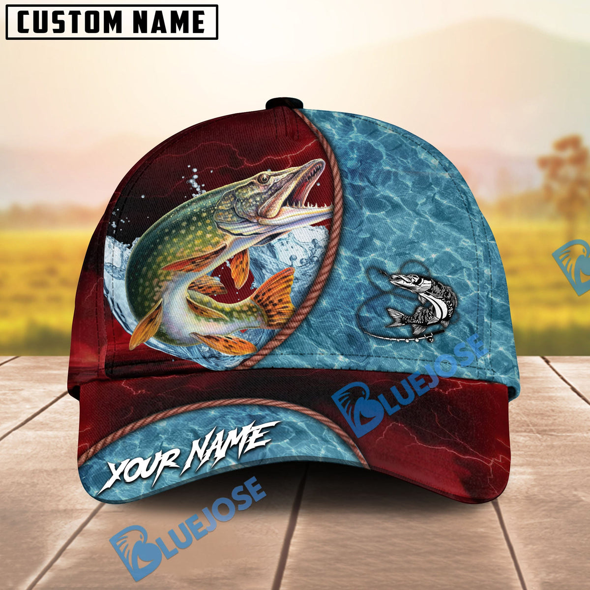 BlueJose Fishing Red Lightning Water Texture Rope Personalized Name Classic 3D Cap (13 Breeds)