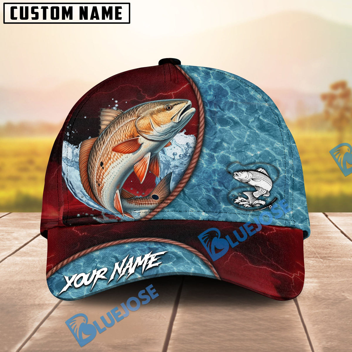 BlueJose Fishing Red Lightning Water Texture Rope Personalized Name Classic 3D Cap (13 Breeds)
