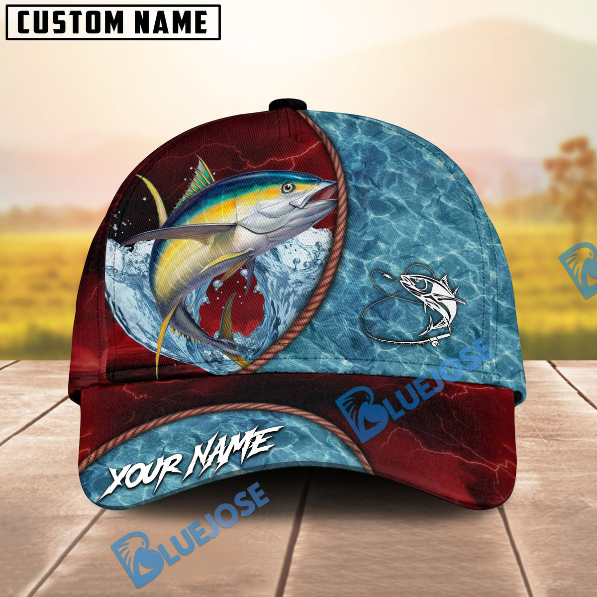 BlueJose Fishing Red Lightning Water Texture Rope Personalized Name Classic 3D Cap (13 Breeds)