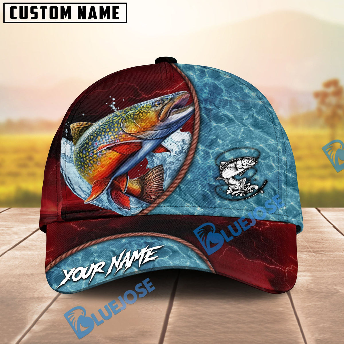 BlueJose Fishing Red Lightning Water Texture Rope Personalized Name Classic 3D Cap (13 Breeds)