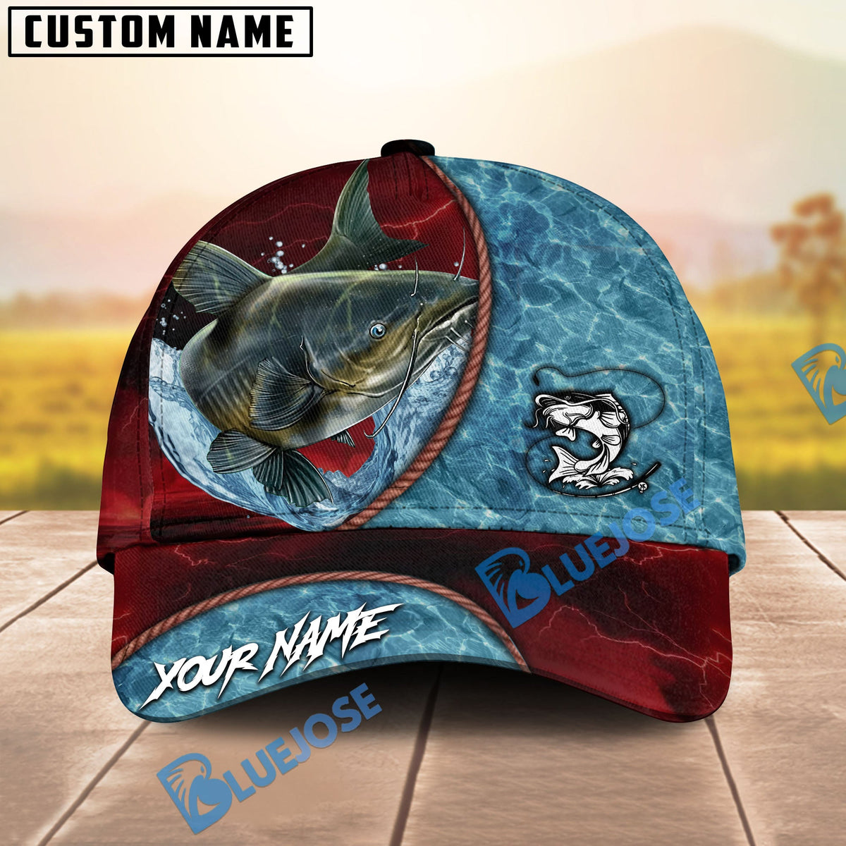 BlueJose Fishing Red Lightning Water Texture Rope Personalized Name Classic 3D Cap (13 Breeds)