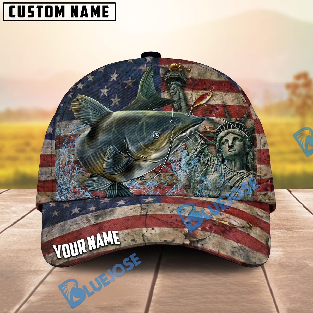 BlueJose Fishing Vintage USA Flag Statue Of Liberty Personalized Name Classic 3D Cap (13 Breeds)