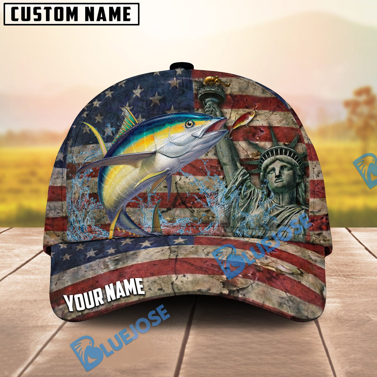 BlueJose Fishing Vintage USA Flag Statue Of Liberty Personalized Name Classic 3D Cap (13 Breeds)